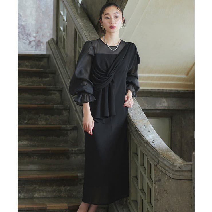 ブラック(BL) | 3wayドレープリボンシフォンタイトワンピースドレス | RUIRUE BOUTIQUE