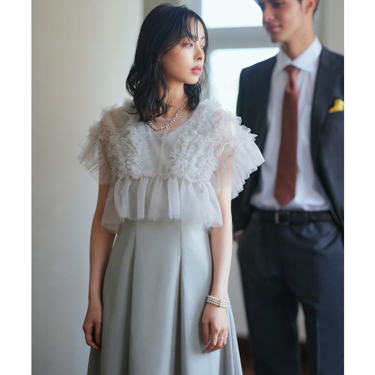 ライトグレー(PGY) | フリルチュールシアートップス＆タックフレアドレスセット | RUIRUE BOUTIQUE