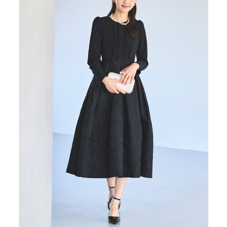 ブラック(BL) | ふくれジャカードドッキングワンピース | RUIRUE BOUTIQUE