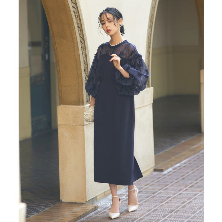 ネイビー(NE) | ボリュームスリーブ＆ビスチェタイトワンピースドレス | RUIRUE BOUTIQUE