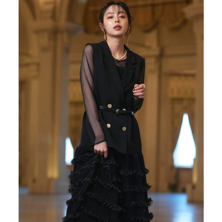 ブラック(BL) | ジレ＆チュールプリーツワンピースセット | RUIRUE BOUTIQUE
