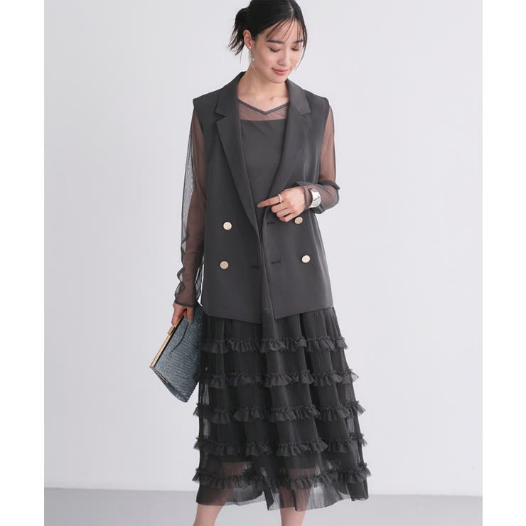 チャコール(DGY) | ジレ＆チュールプリーツワンピースセット | RUIRUE BOUTIQUE