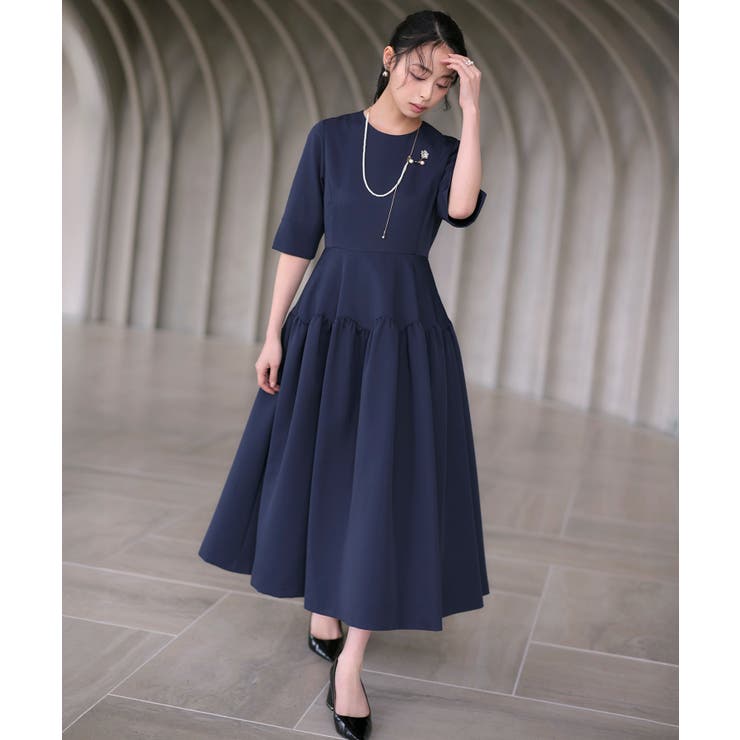 ネイビー(NE) | パールリボンバブルフレアシルエット・ワンピースドレス | RUIRUE BOUTIQUE