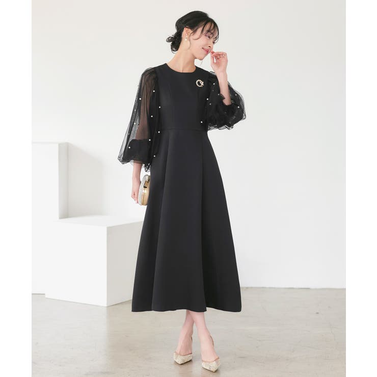 ブラック(BL) | パールシアースリーブ フレアワンピースドレス | RUIRUE BOUTIQUE