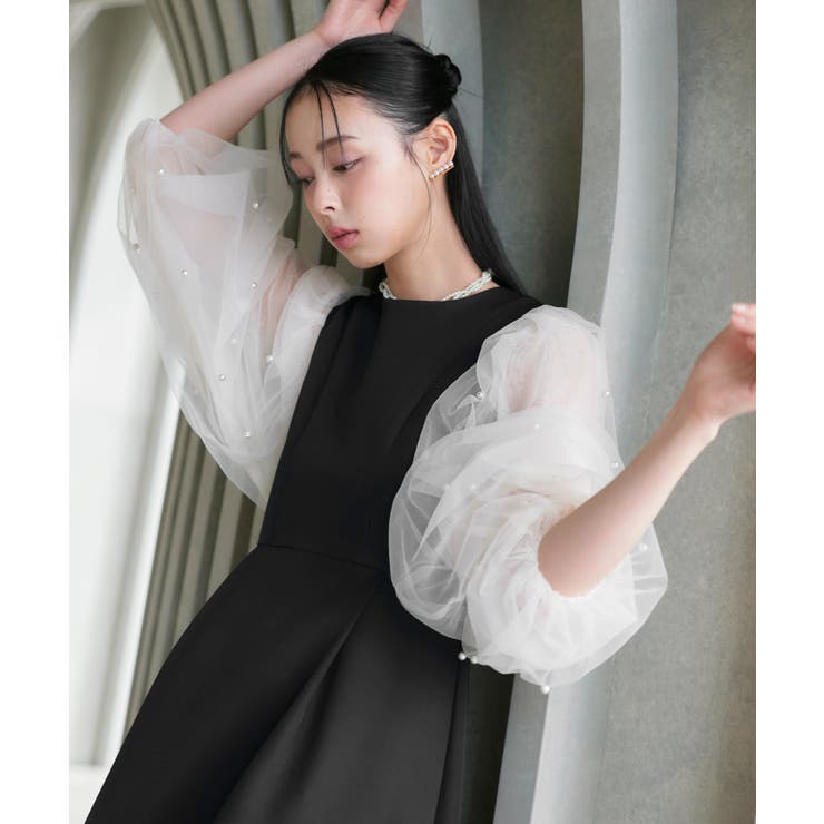 ブラック×ホワイト(BLZ) | パールシアースリーブ フレアワンピースドレス | RUIRUE BOUTIQUE