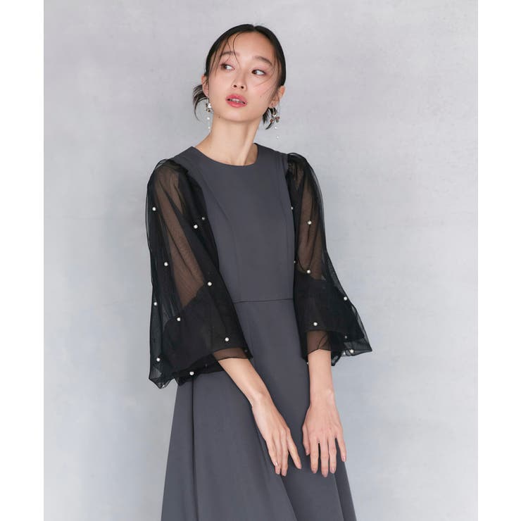 チャコールグレー(DGY) | パールシアースリーブ フレアワンピースドレス | RUIRUE BOUTIQUE