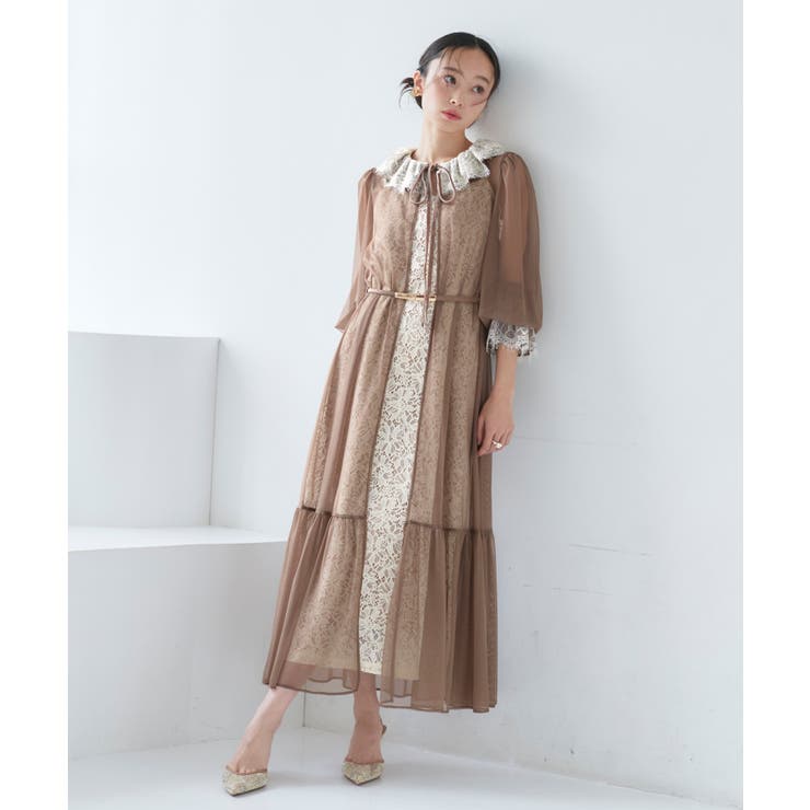 ベージュ(BE) | ベルト付きシアーチュールガウン×レースキャミ3点セットドレス | RUIRUE BOUTIQUE