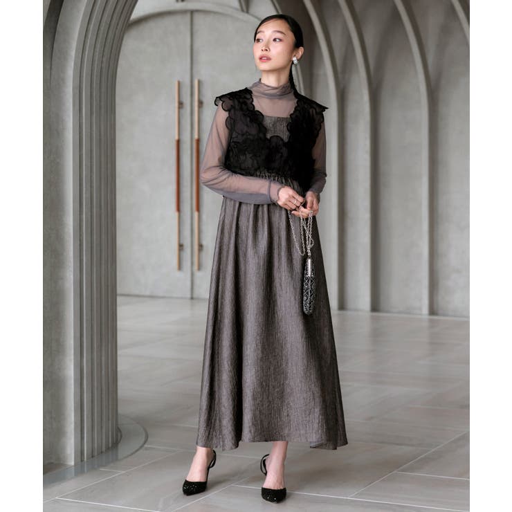グレー(DGY) | 前後2wayシアーリボンジレ＆リップルフレアワンピースドレス | RUIRUE BOUTIQUE
