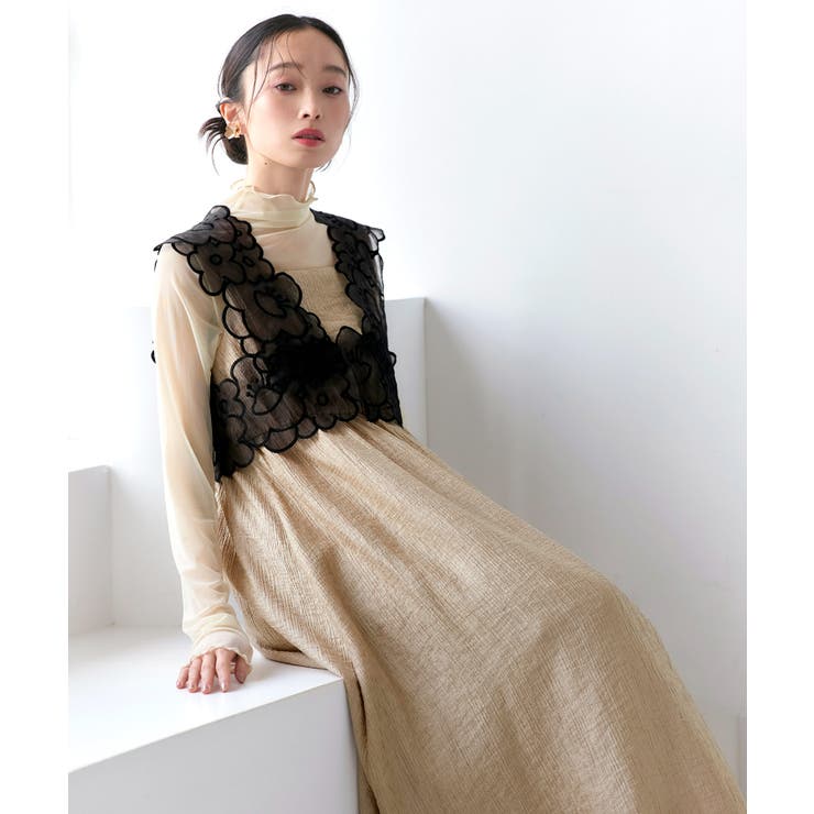 ゴールド(GLD) | 前後2wayシアーリボンジレ＆リップルフレアワンピースドレス | RUIRUE BOUTIQUE