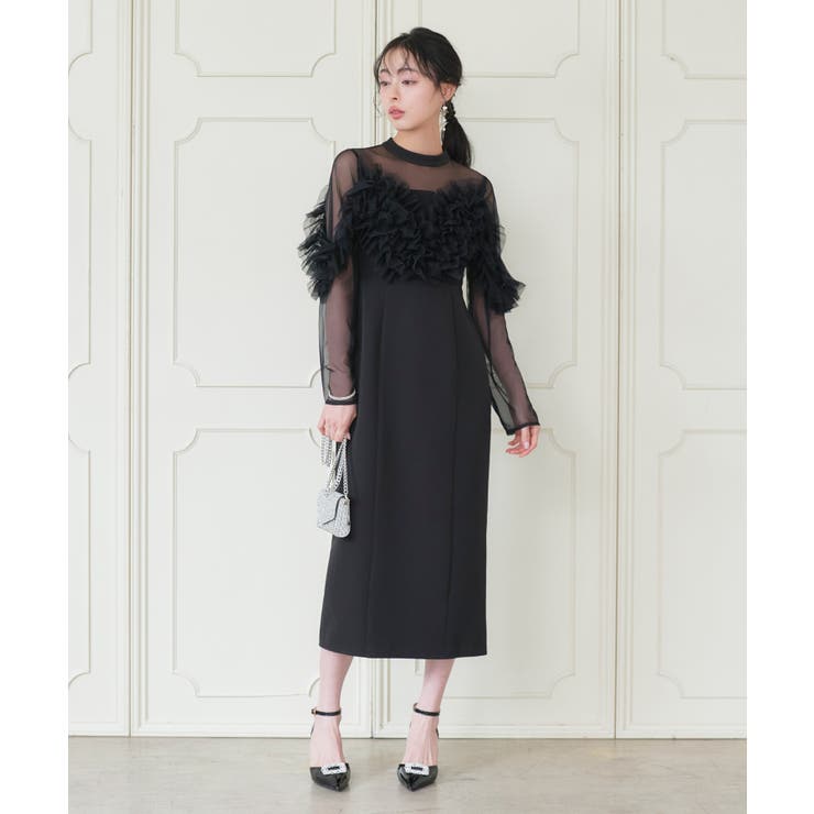 ブラック(BL) | チュールフリルタイトワンピースドレス | RUIRUE BOUTIQUE
