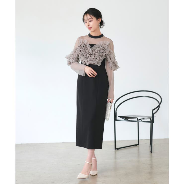 ブラック×ベージュ(BLZ) | チュールフリルタイトワンピースドレス | RUIRUE BOUTIQUE