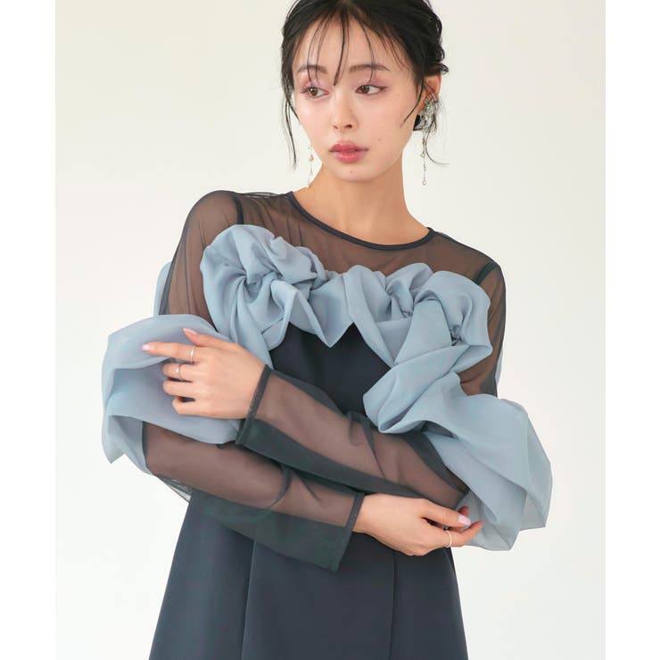 チャコール(DGY) | ボリュームラッフルフレアワンピースドレス | RUIRUE BOUTIQUE