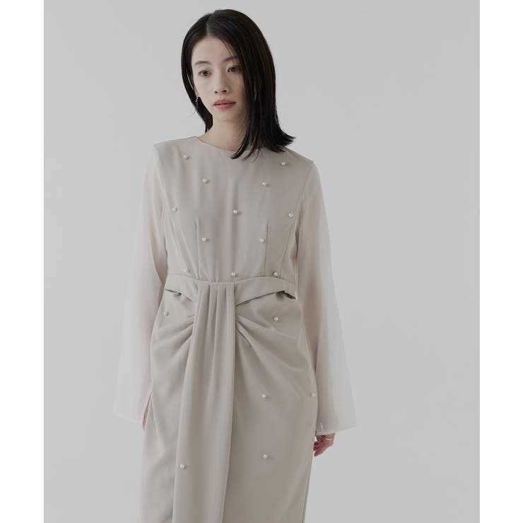 ライトグレージュ(BE) | パールデザインドレープIラインワンピースドレス | RUIRUE BOUTIQUE