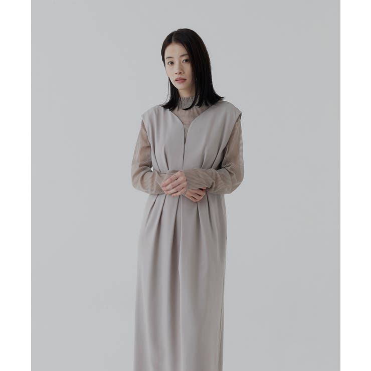 ベージュ(BE) | ストライプレースタックワンピースドレス | RUIRUE BOUTIQUE