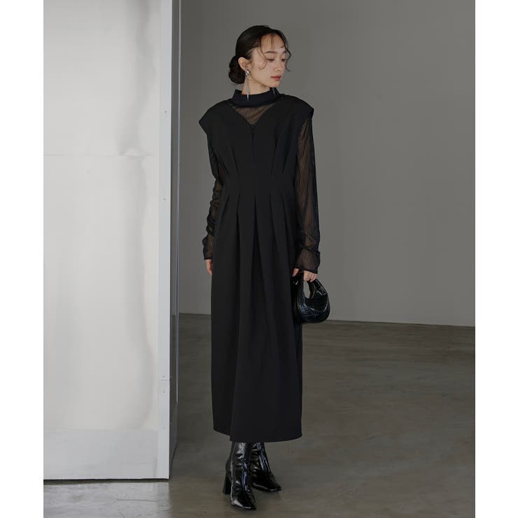 ブラック(BL) | ストライプレースタックワンピースドレス | RUIRUE BOUTIQUE
