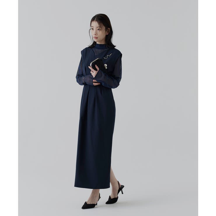 ネイビー(NE) | ストライプレースタックワンピースドレス | RUIRUE BOUTIQUE