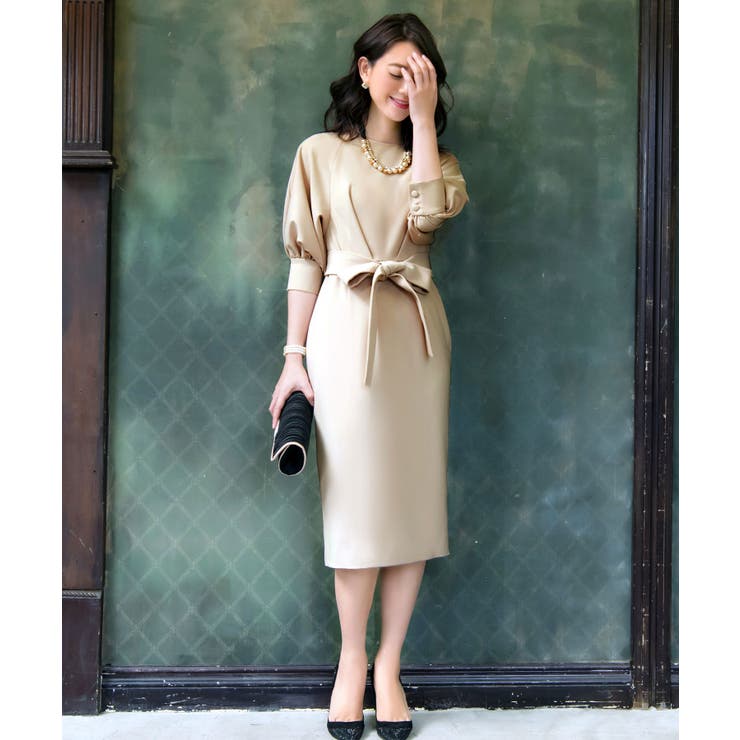 ライトベージュ(CP) | ロング＆リーンシルエットが美しいバルーンスリーブワンピース | RUIRUE BOUTIQUE