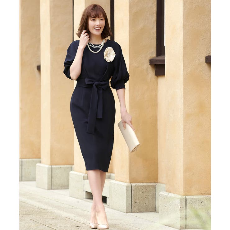 ダークネイビー(N) | ロング＆リーンシルエットが美しいバルーンスリーブワンピース | RUIRUE BOUTIQUE