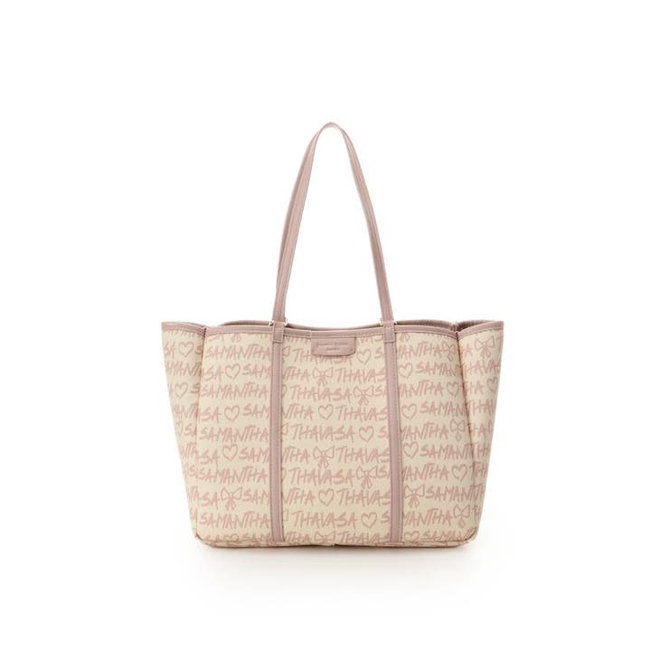 ピンクベージュ | スクリッタ柄キャンバスデザイン合皮トートバッグ | Samantha Thavasa