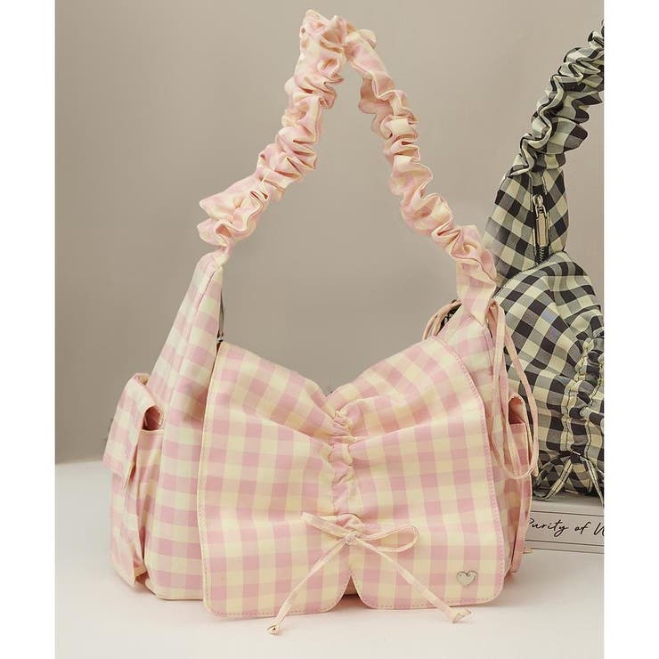 ピンク | ギンガムチェック リボンギャザーショルダーバッグ | & chouette