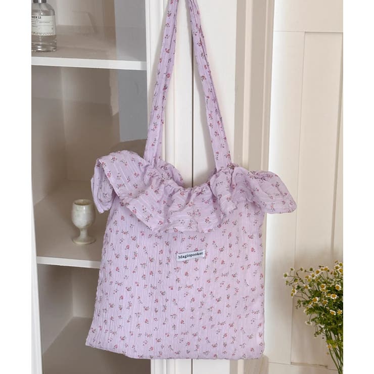 フリルトートバック 小花柄 エコバッグ[品番：KH000015495