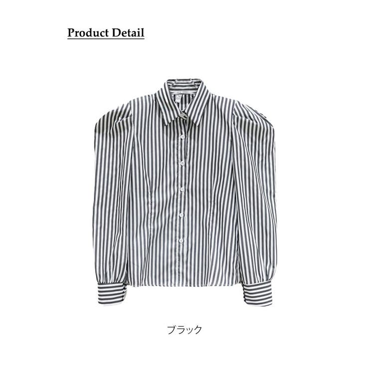 肩パット入りストライプシャツ 長袖 レディース[品番