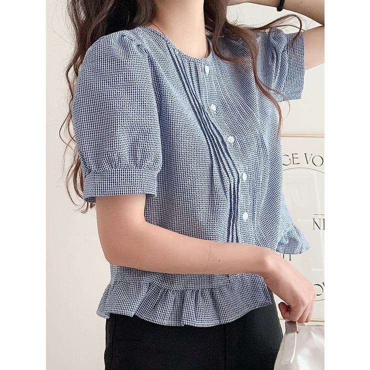 【超美品】Baybee ピンタックフリル チェックブラウス AMBIDEX Store ○○ミニチェックタイプライター 襟フリル