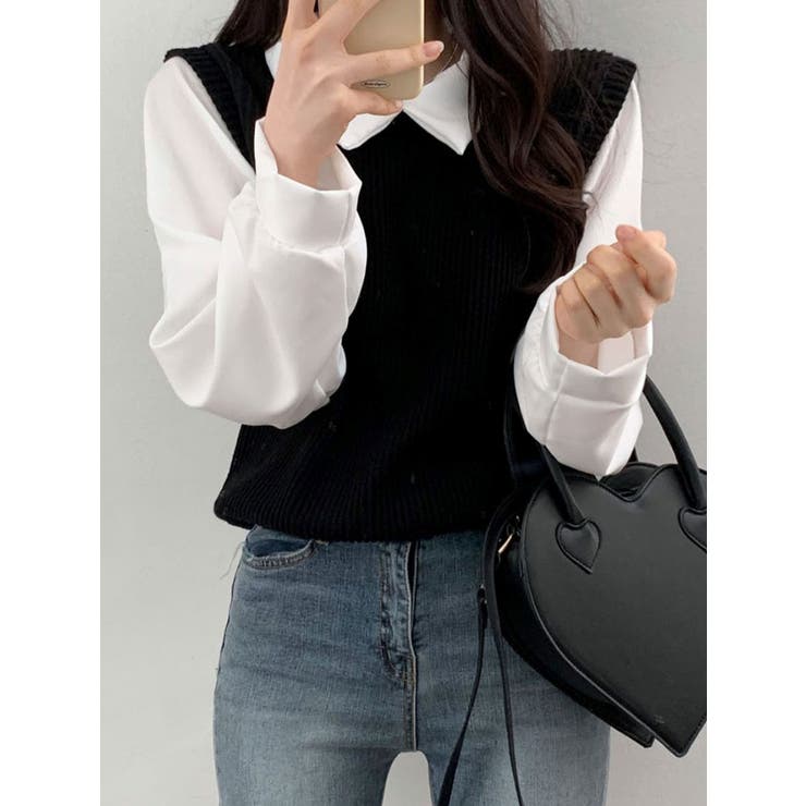 リブバイカラーニットブラウス レディース ドッキングニットシャツ