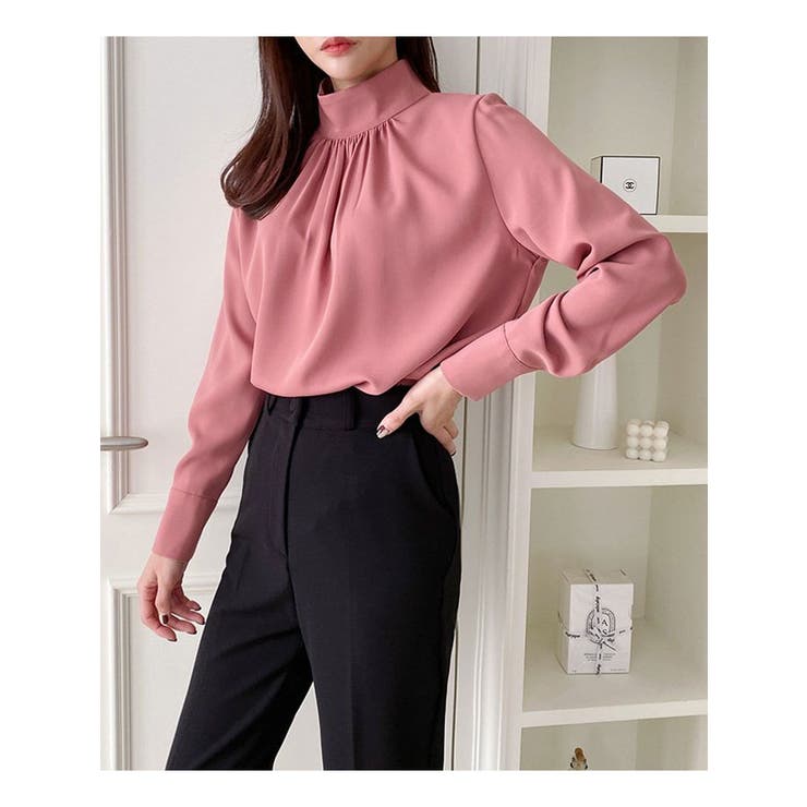 ハイネックシャーリングブラウス 全4色 春秋冬[品番：KH000013302