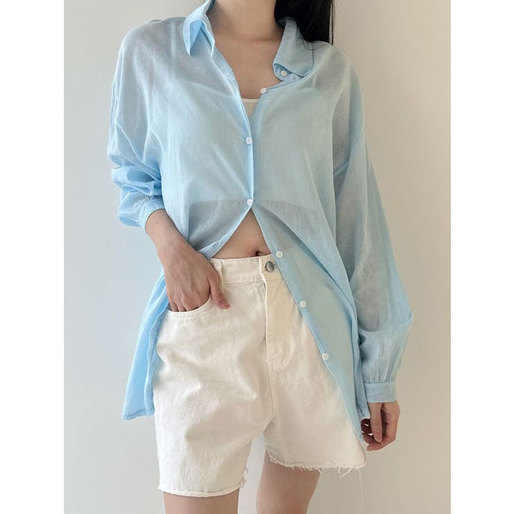 スカイブルー | シアー袖バルーンオーバーフィットロングシャツ 長袖 全7色 | VIVID LADY