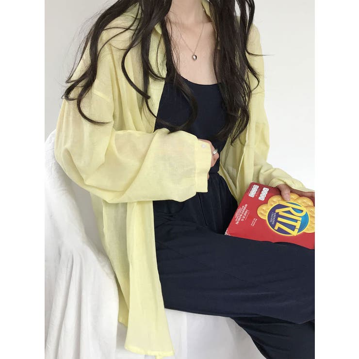 イエロー | シアー袖バルーンオーバーフィットロングシャツ 長袖 全7色 | VIVID LADY
