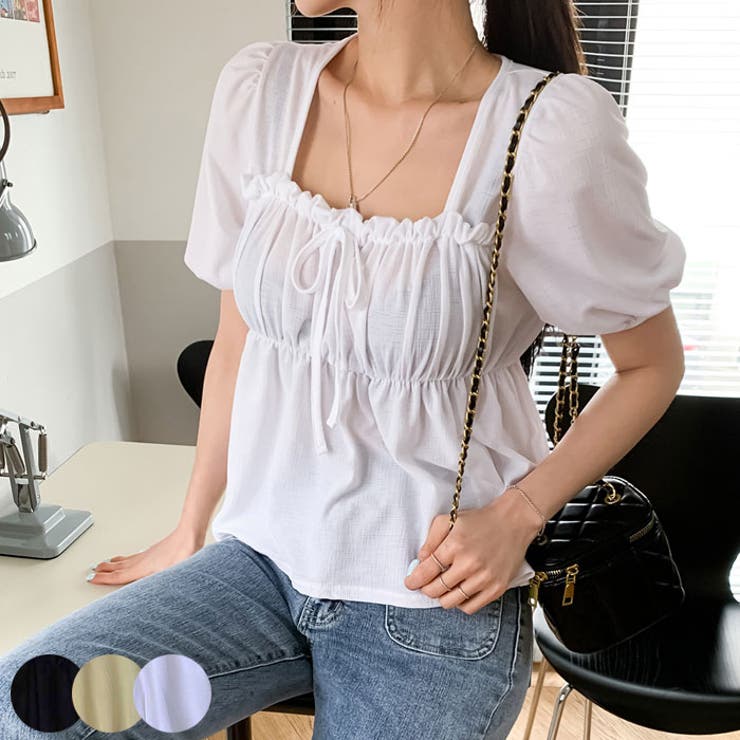 女性らしいシャーリングフリルブラウス 半袖 オフィスルック[品番