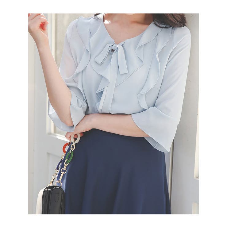 二重フリルリボンタイ七分袖シフォンブラウス 夏 デイリー[品番