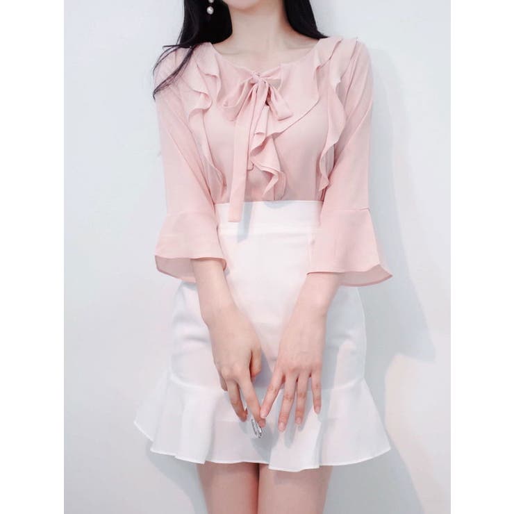 リボンタイパールシフォンブラウス SALE] リボンタイ付き シフォンフリル シアーブラウス セレモニー (M&