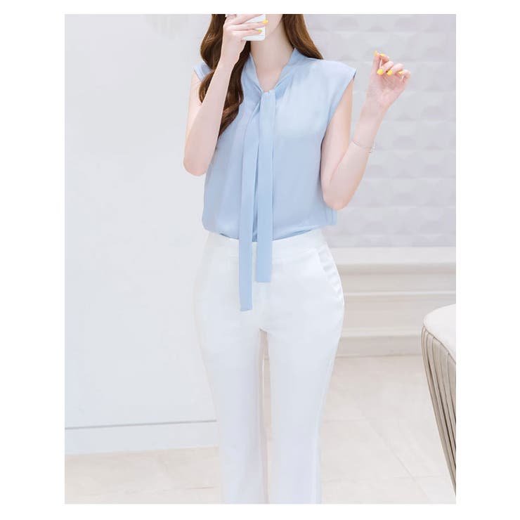 ボウタイ付きvネックブラウス 全4色 ノースリーブブラウス[品番