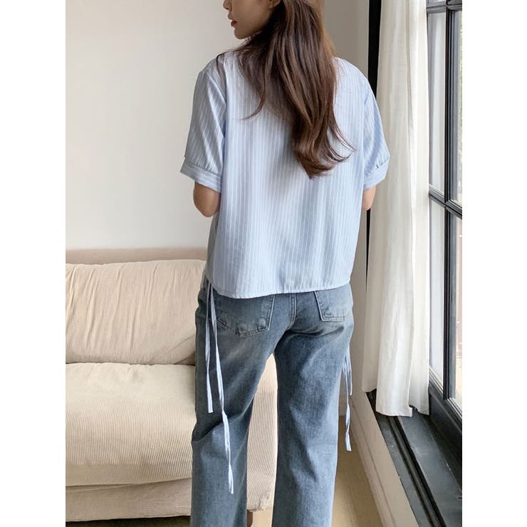 ストライプ柄シャツブラウス 半袖 全3色[品番：KH000013701