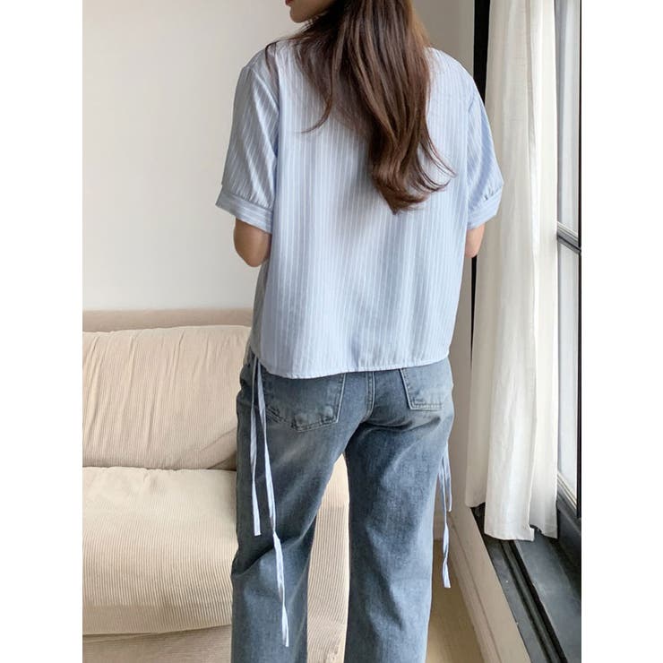 ストライプ柄シャツブラウス 半袖 全3色[品番：KH000013701