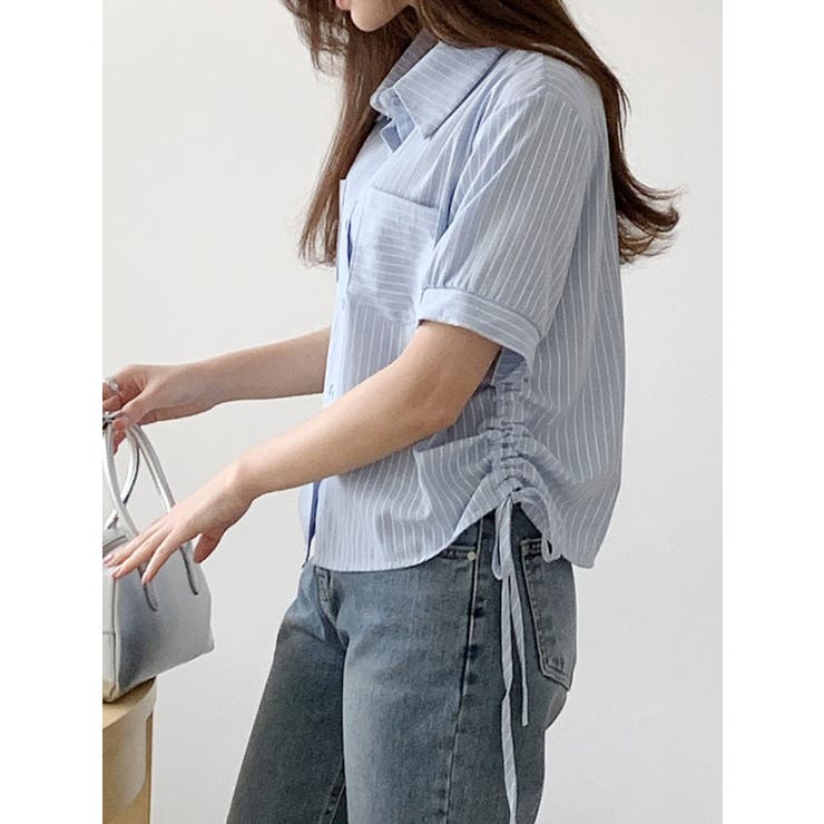 ストライプ柄シャツブラウス 半袖 全3色[品番：KH000013701