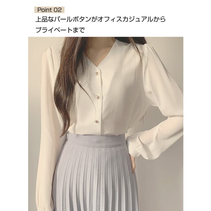 vネックシャツブラウス長袖 全4色 レディース[品番：KH000013718