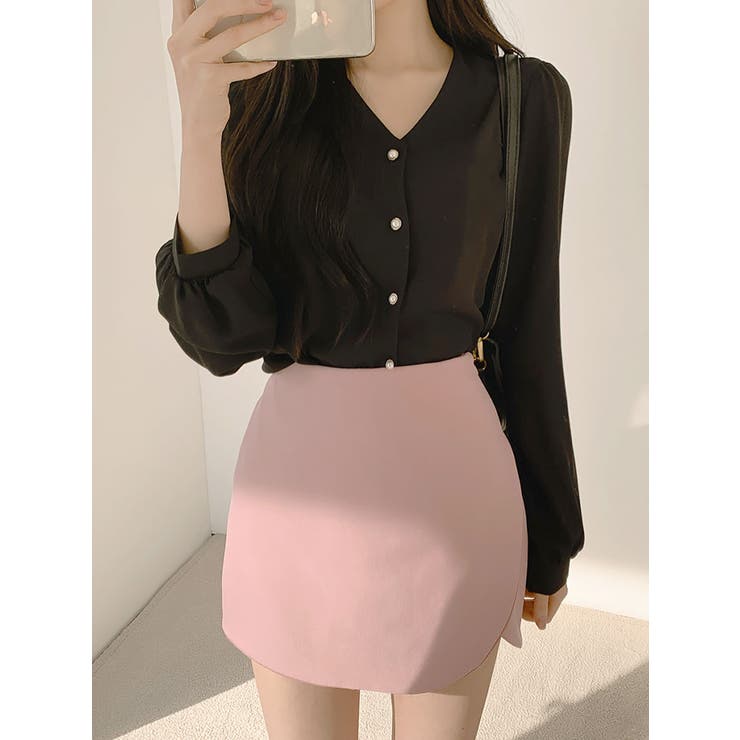 ブラック | vネックシャツブラウス長袖 全4色 レディース | VIVID LADY