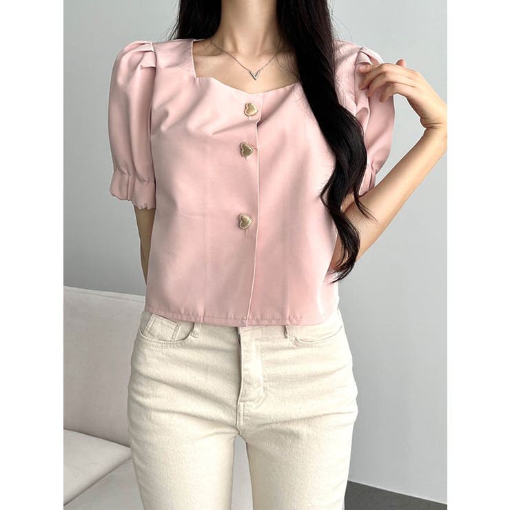 スクエアネックブラウス半袖 全3色 可愛い[品番：KH000013878]｜VIVID