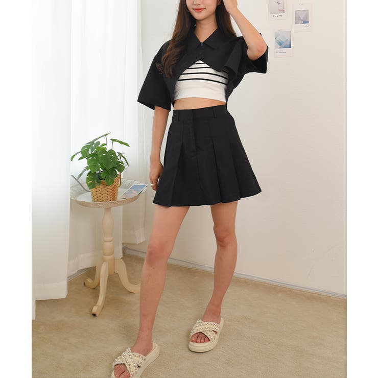 【Sサイズ】レザレクション 半袖ポロシャツ スカート ブラック上下セット EASTBOY（イーストボーイ）の「ポロシャツ 半袖 ライン入り