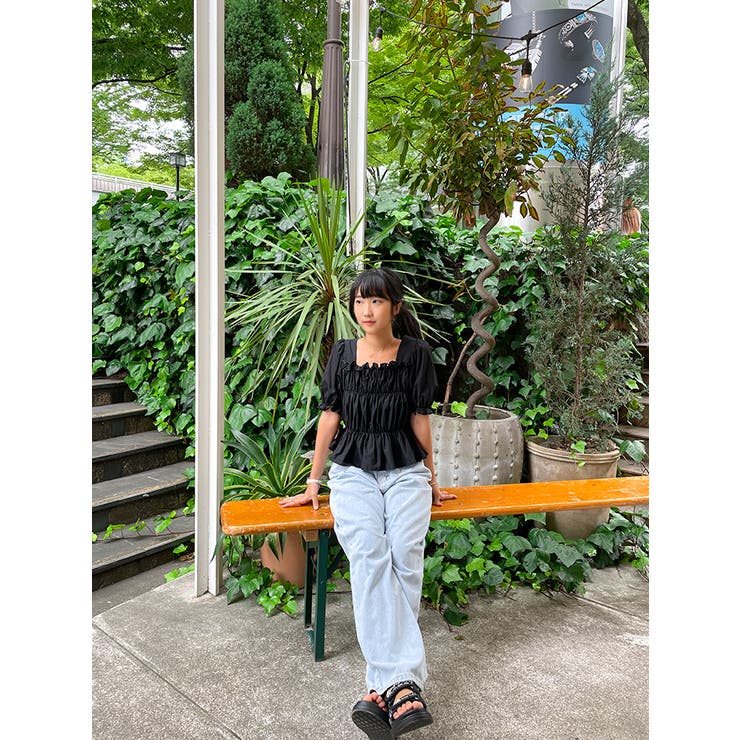 スクエアネックフリルブラウス 半袖 全4色[品番：KH000013963