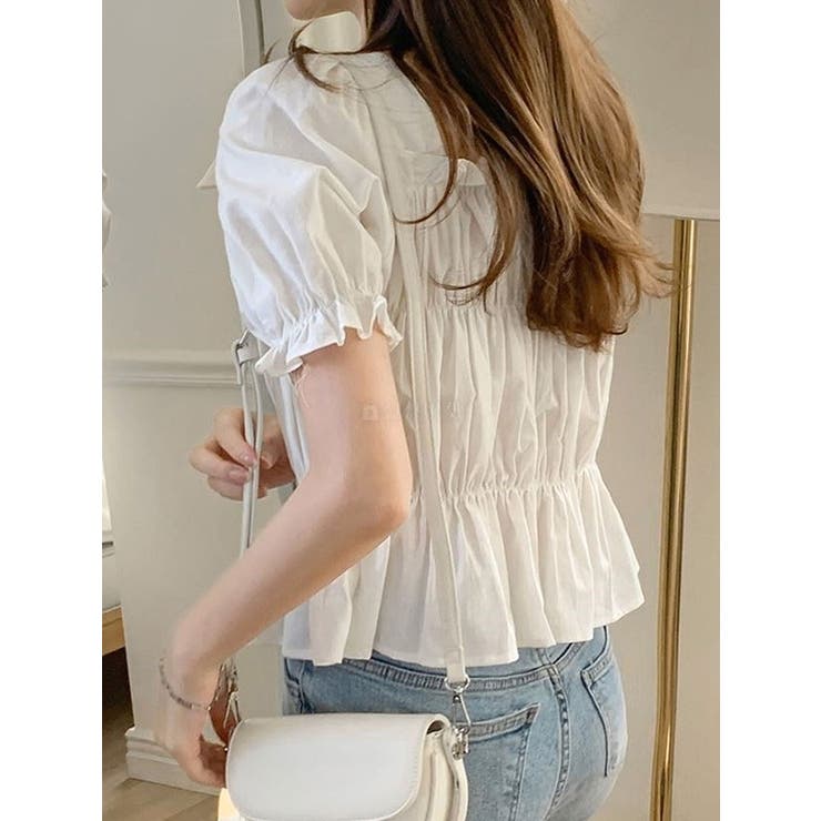 PINK HOUSE スクエアネック フリル ブラウス ライトブルー 半袖シャツ PINK HOUSE スクエアネック フリル ブラウス ライトブルー 半袖