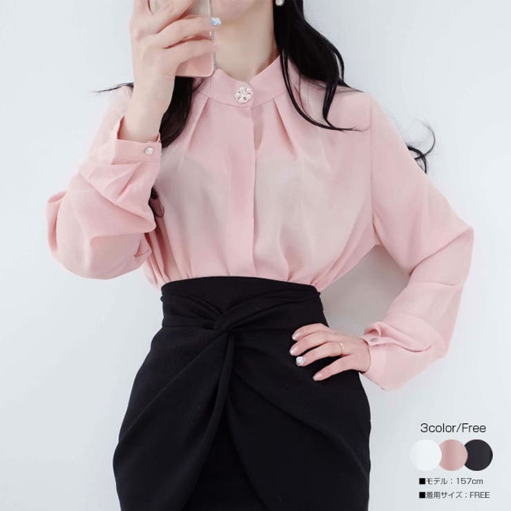 花ブローチ付きピンタックブラウス レディース オフィスブラウス | VIVID LADY | 詳細画像1 