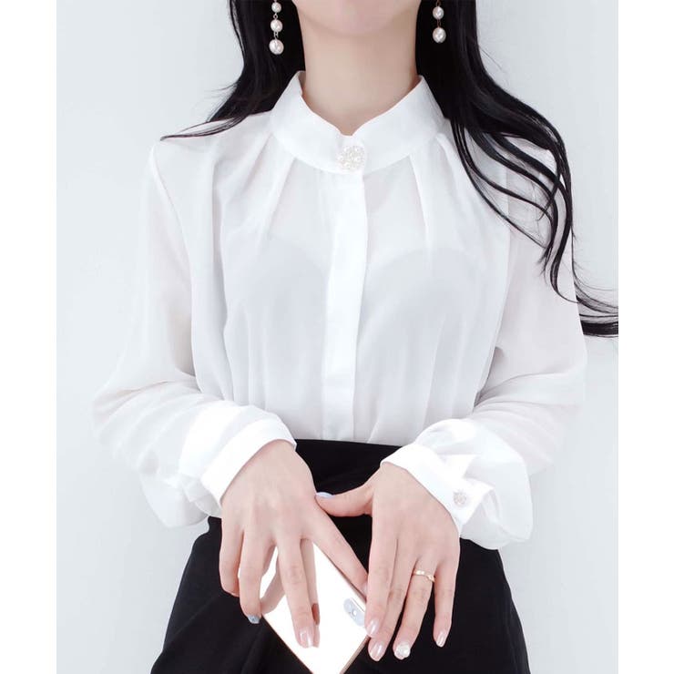 アイボリー | 花ブローチ付きピンタックブラウス レディース オフィスブラウス | VIVID LADY