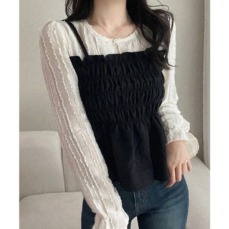 ブラック | レイヤード風 シャーリングペプラムトップス | VIVID LADY