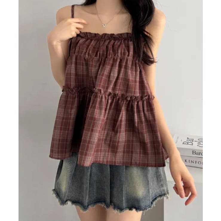 レッド | チェック柄 ティアードフリルキャミトップス | VIVID LADY