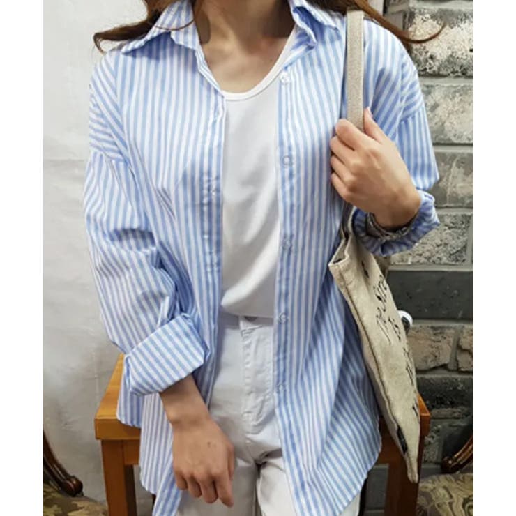 ブルー | オーバーサイズ ストライプ カラーシャツ | VIVID LADY