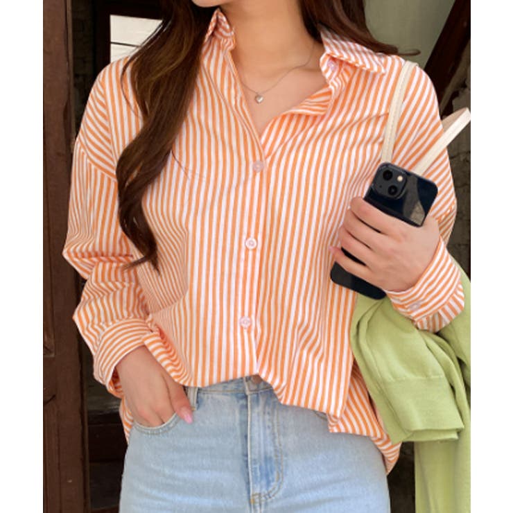 オレンジ | オーバーサイズ ストライプ カラーシャツ | VIVID LADY